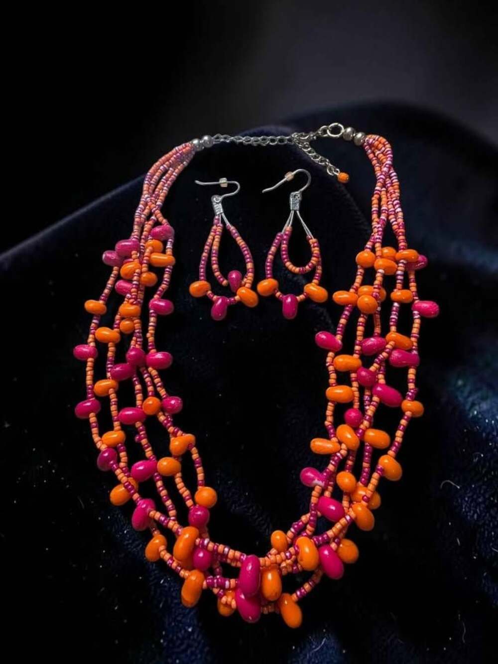 Orange and Pink Beaded Necklace and Earring Set